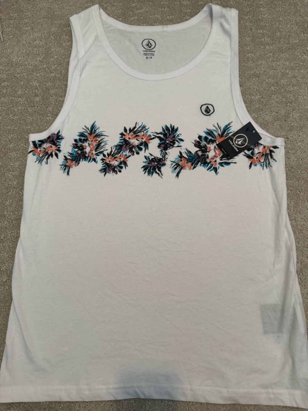 Volcom White Tank Top with Teal and Coral Floral Band